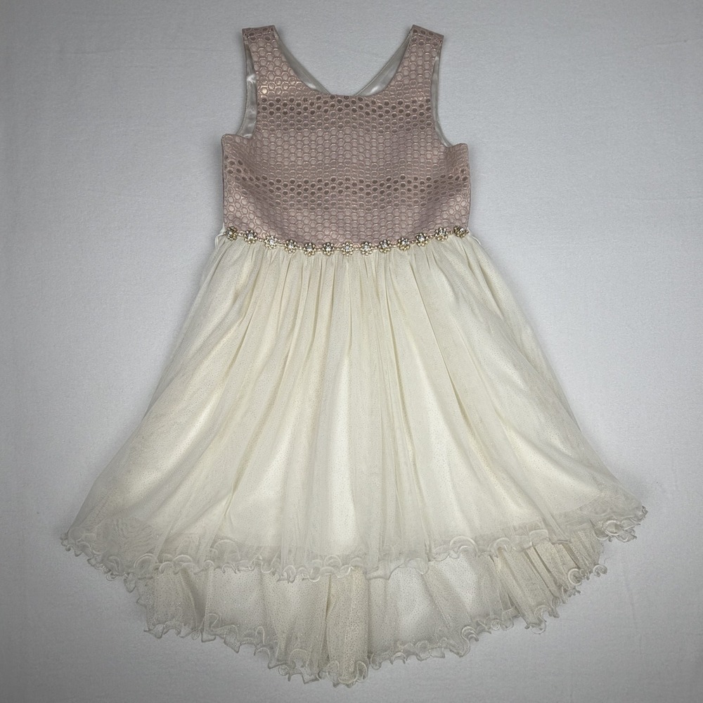 Couture Princess Girls Rose Gold Metallic Ivory Tulle High Low Dress Size 8